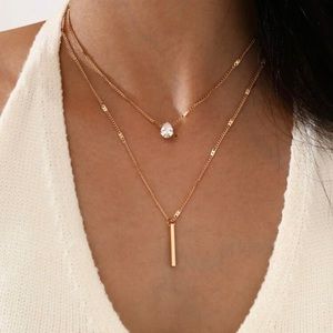 2Pcs Bar Rhinestone Drop Layered Necklace